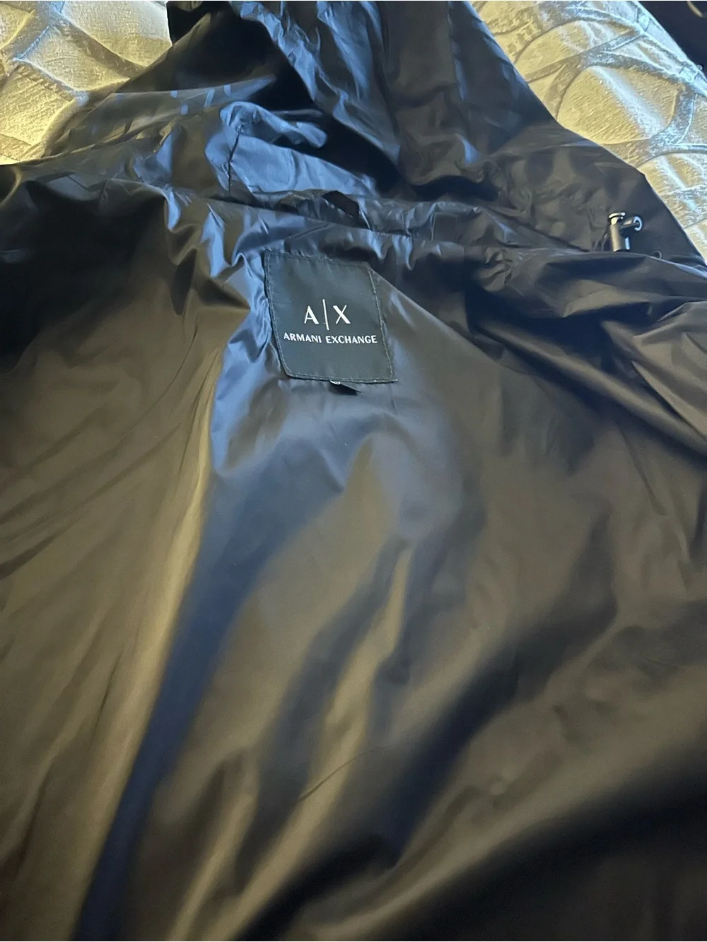 Armani Exchange Men's Black Hooded Windbreaker with Subtle Geometric Print